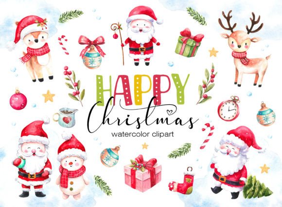 Happy Christmas Watercolor Clipart for Designers