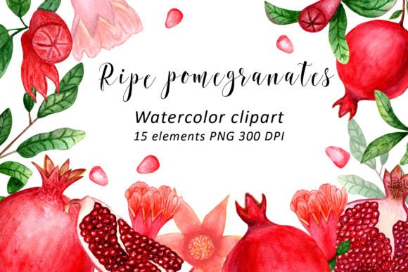 Ripe Pomegranates Watercolor Clipart Set