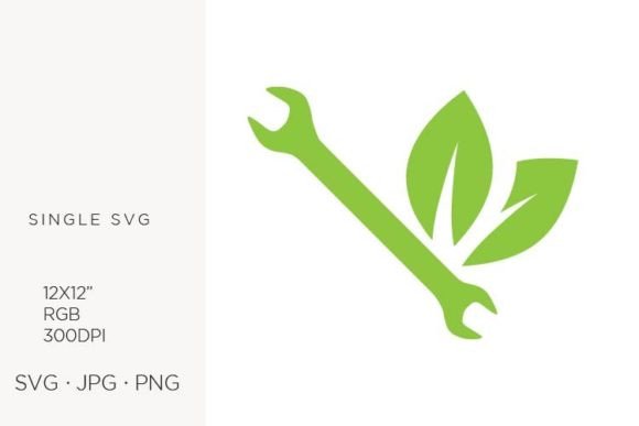 Wrench Tool with Two Green Leaves Icon